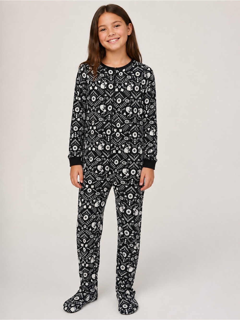 Carter’s Girls Black & White Bunny Floral Footed Fleece Pajamas Size 10/10A